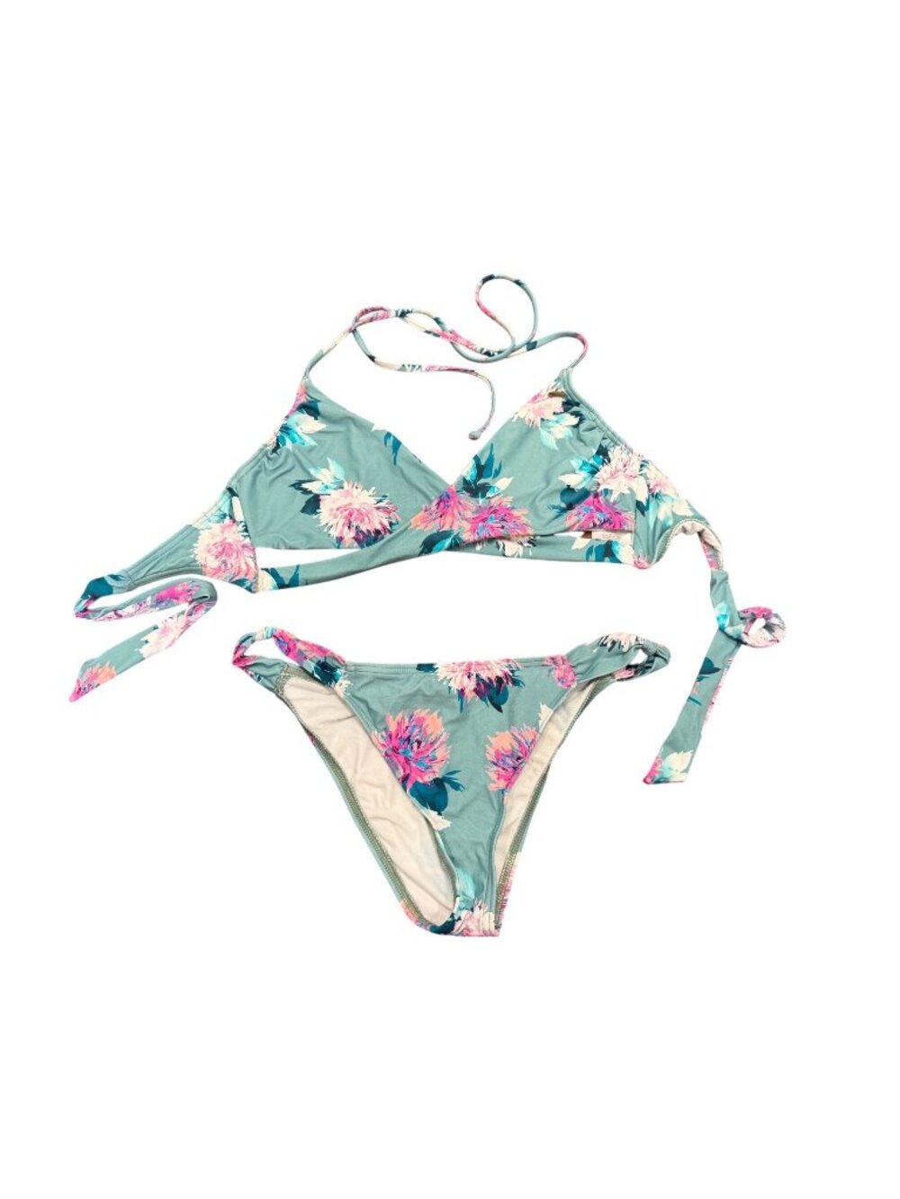 O'Neill Bikini Set Medium Green Floral Tie Side Bottom Halter‎ Top Swimsuit
